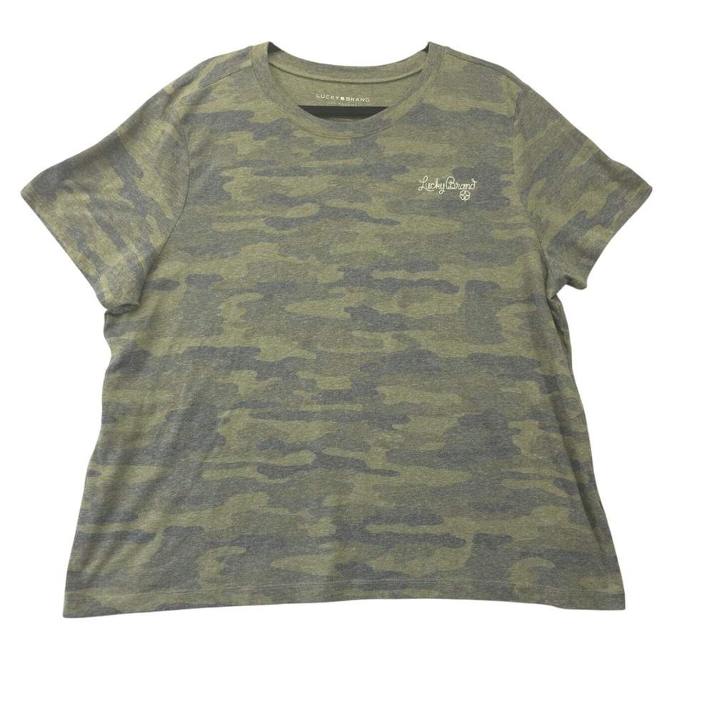 Lucky Brand Womens XXL Camo T-Shirt Olive Green Gray Short Sleeve Tee Grunge